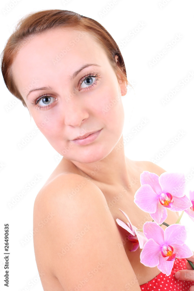 close-up portrait of young healthy red-haired woman with orchid close-up portrait of young healthy red-haired woman with orchid