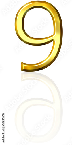 3d golden number 9 with reflection