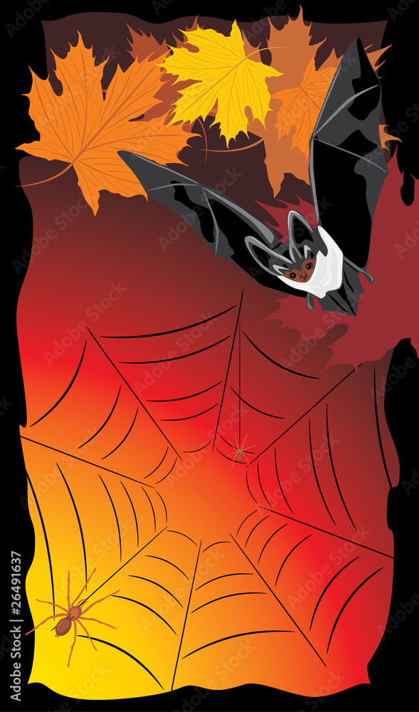 Bat with maple leaves and spiders. Halloween banner. Vector Bat with maple leaves and spiders. Halloween banner. Vector