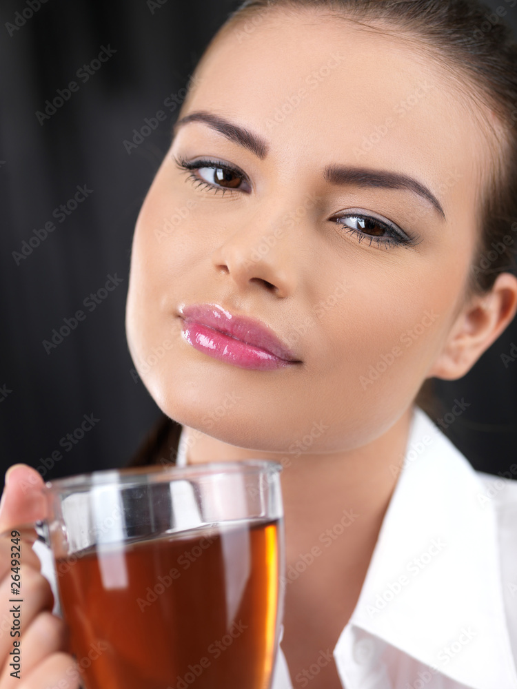 Portrait of beautiful woman she holding cup of tea Portrait of beautiful woman she holding cup of tea