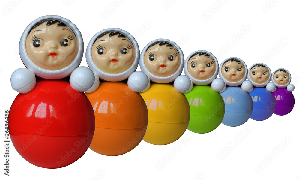 Seven rainbow colored roly-poly toys (isolated) Seven rainbow colored roly-poly toys (isolated)
