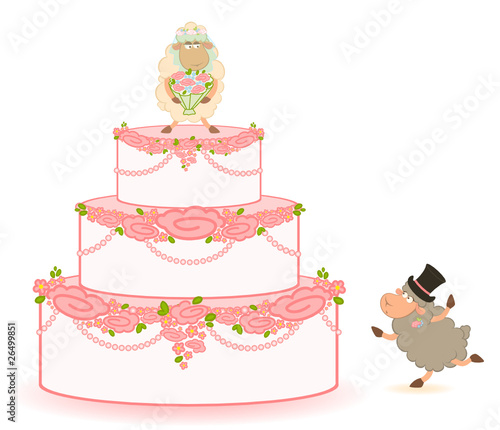 Vector  of pink sweet wedding cake on white background