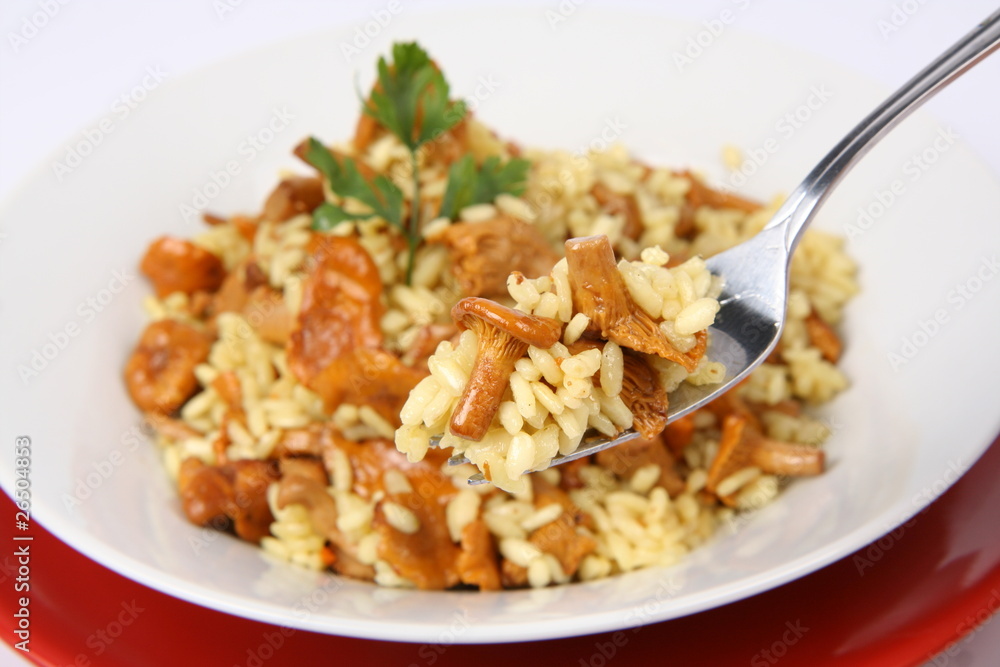 Risotto with mushrooms with parsley being eaten with a fork