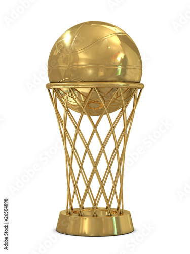 Golden basketball award trophy with ball and net