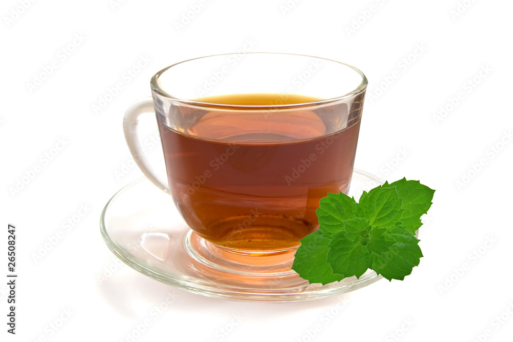 Cup of tea with mint isolated on white Cup of tea with mint isolated on white