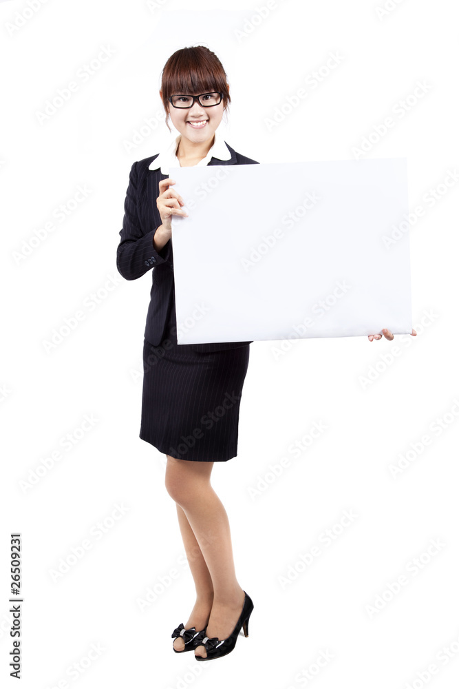 happy business woman with blank board over white . happy business woman with blank board over white .