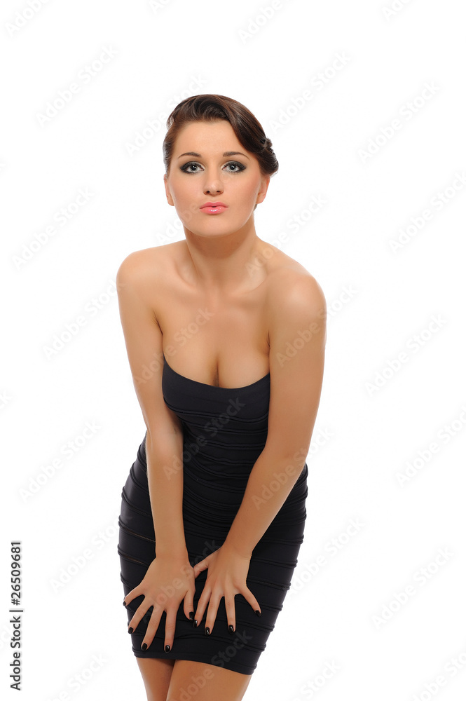 Fototapeta premium Beautiful sexy woman in short elegant dress with professional ma