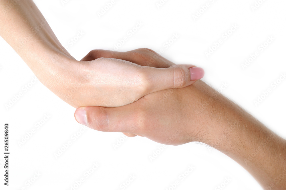 Woman and man hand shake togather isolated on white background