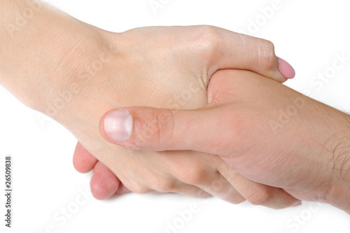 Woman and man hand shake togather. isolated on white background
