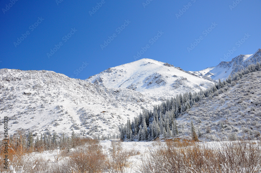 Winter in mountains with blue sky and clouds