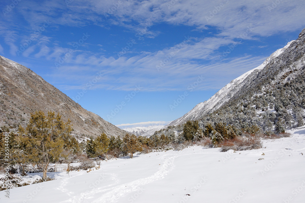 Winter in mountains with blue sky and clouds