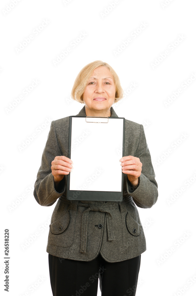 Portrait of a happy senior woman holding clipboard Portrait of a happy senior woman holding clipboard