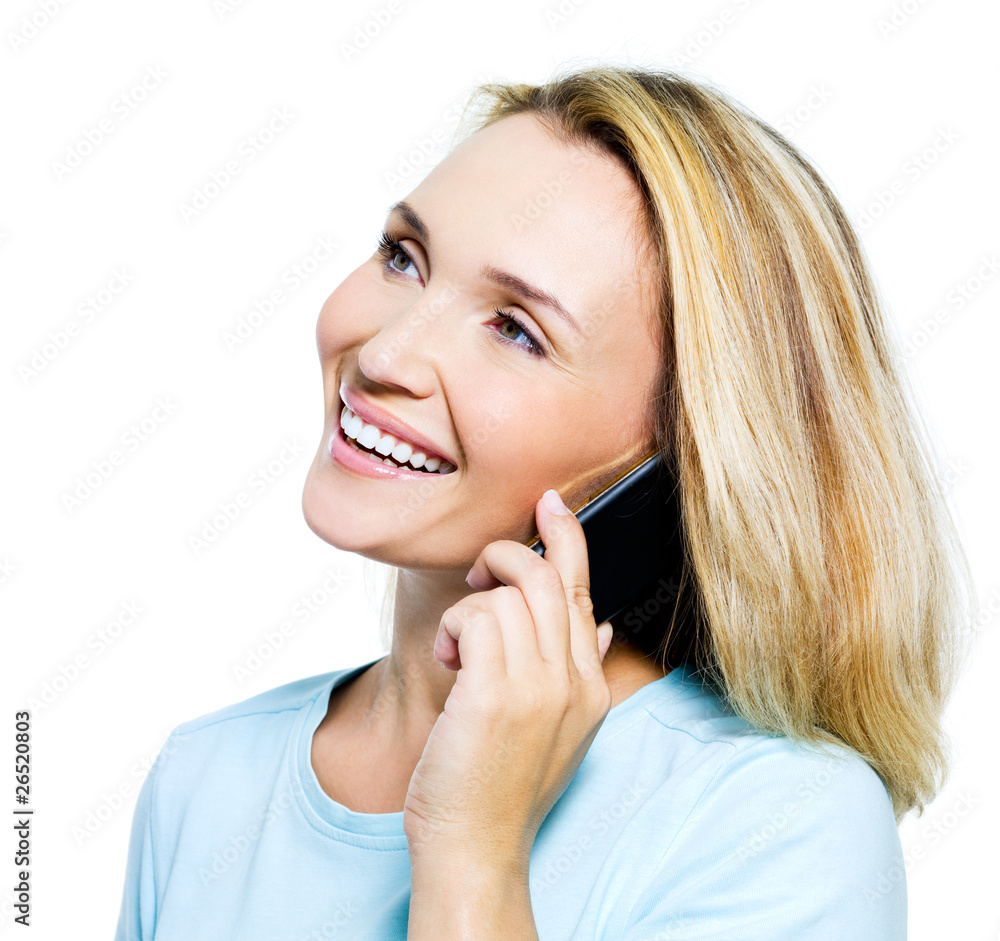 happy woman speaking by phone happy woman speaking by phone