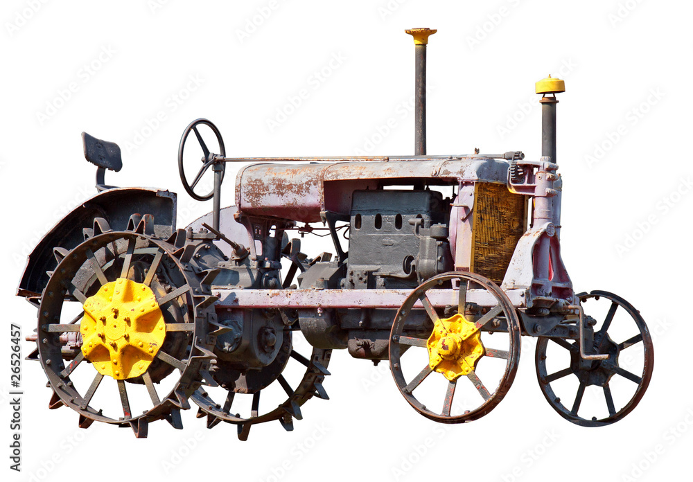 Old farm tractor isolated. Clipping path included.