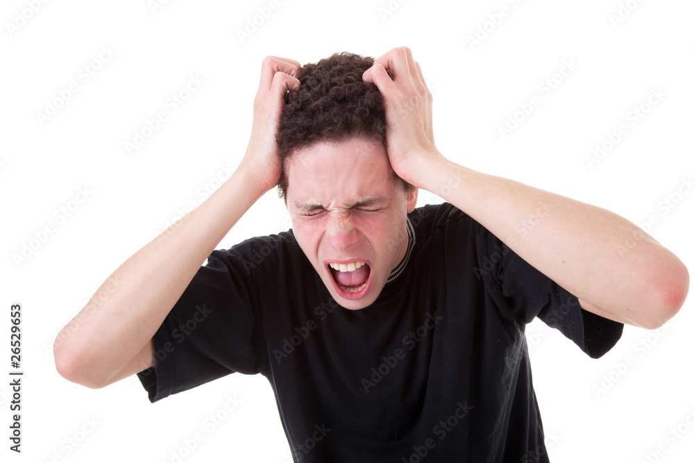 Strongly afflicted young man, screaming and pulling hair Strongly afflicted young man, screaming and pulling hair