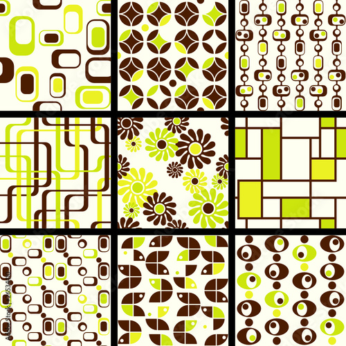 Collection of mod seamless patterns in green and brown