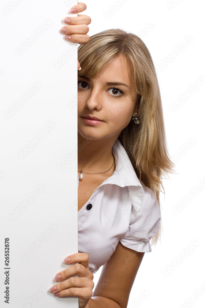 The beautiful business girl with a paper blank leaf The beautiful business girl with a paper blank leaf