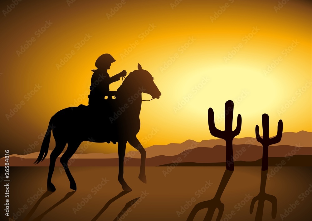 Silhouette illustration of a cowboy riding a horse during sunset