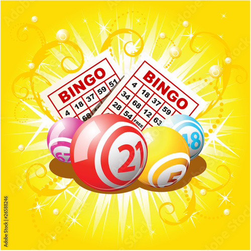Bingo or lottery balls and cards on golden background