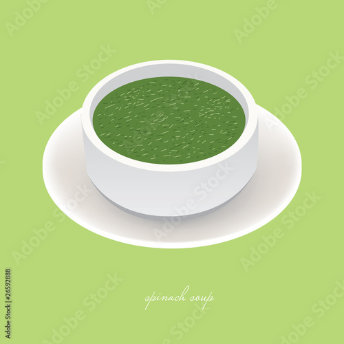 tasty spinach soup in white bowl on the green background