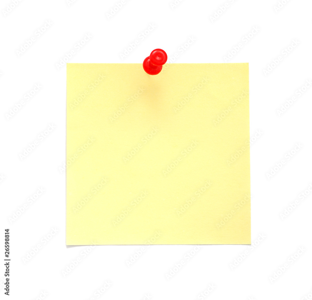 Blank yellow sticky note with red push pin Blank yellow sticky note with red push pin