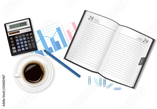Dairy-book, cup of coffee and office supplies. Vector.