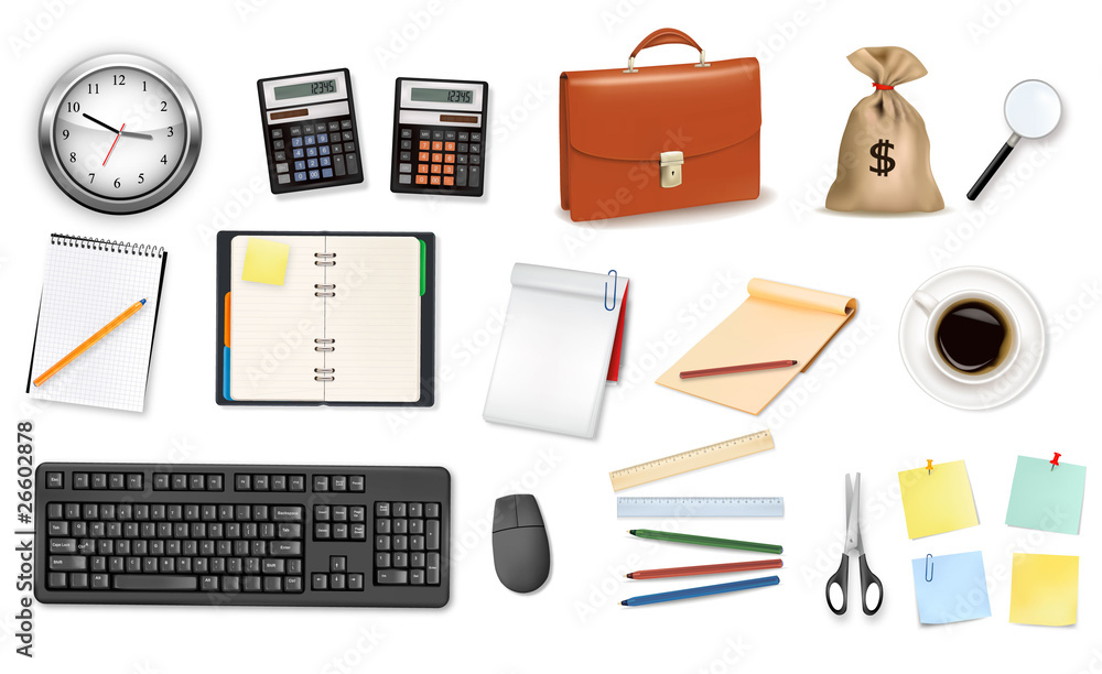 Fototapeta premium A clock, notebooks and some office supplies. Vector.