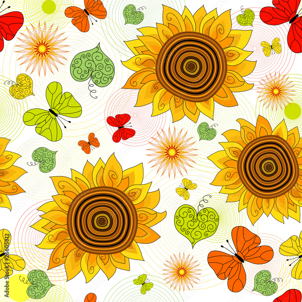 Crazy pattern with sunflowers and colorful butterflies