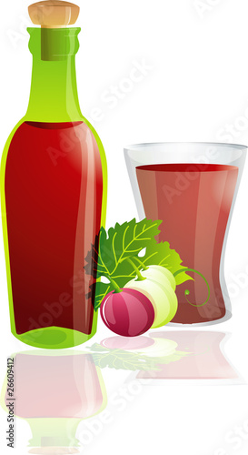 Red wine in the bottle and glass. Red and white grapes