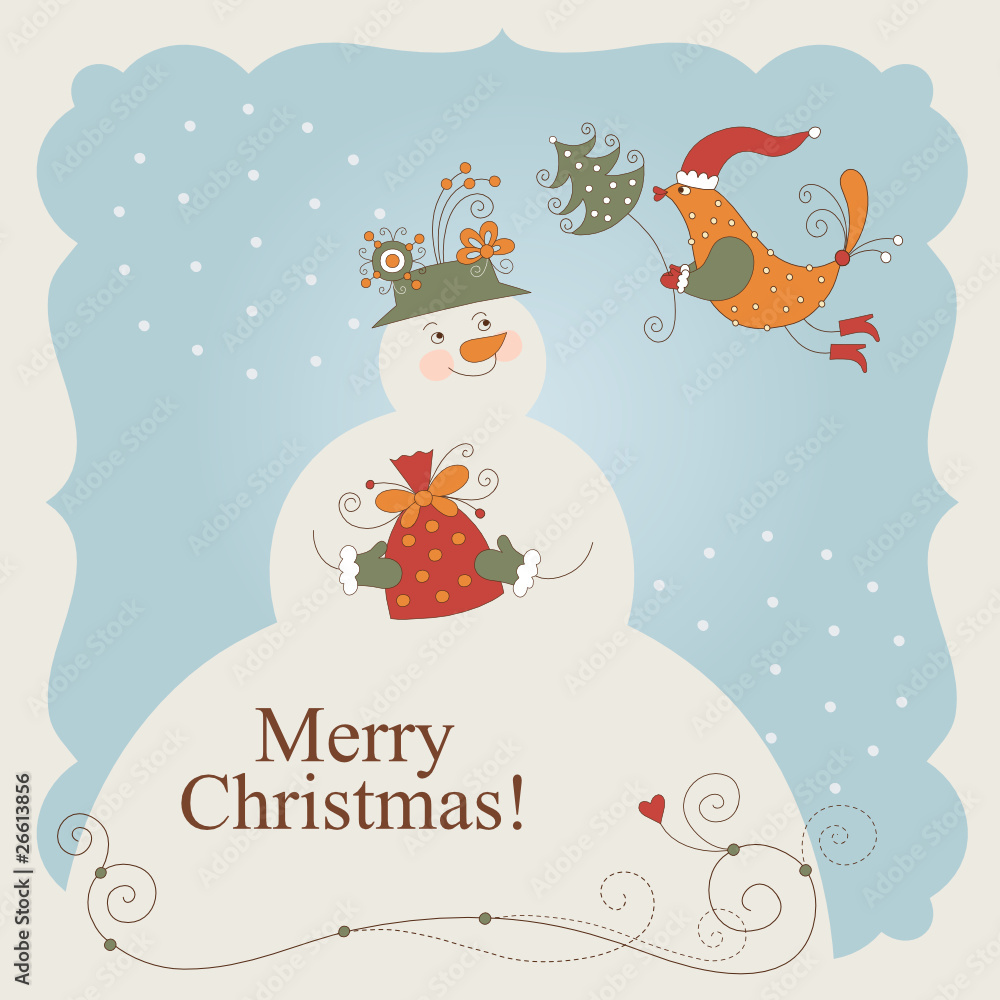 Cute snowman with gift and little bird, christmas greeting card