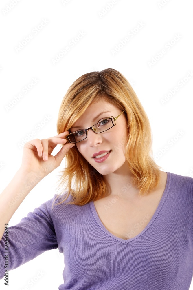 young beautiful woman with eyeglasses (white background)