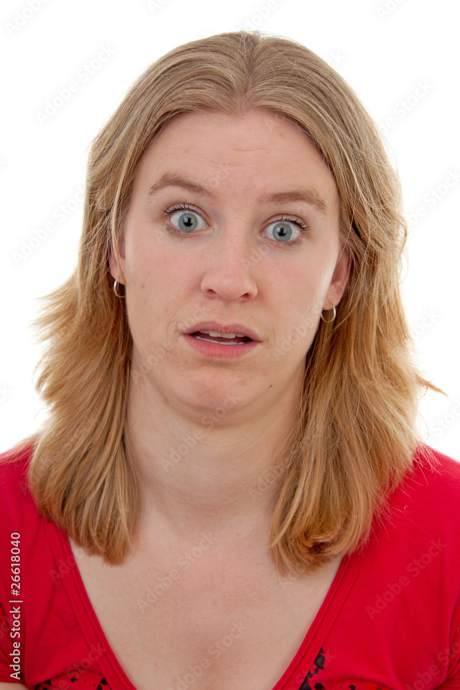 woman is looking frightened over white background woman is looking frightened over white background