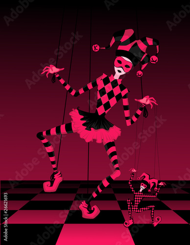 Cartoon court jester holds a marionette.