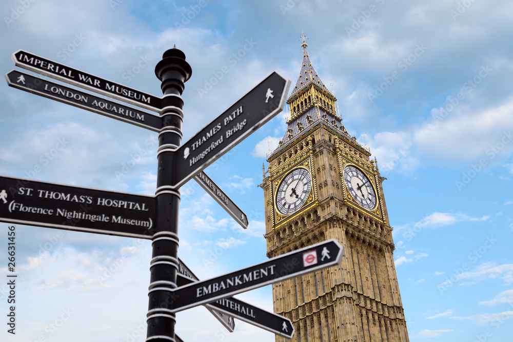 Obraz premium Big Ben and street signs, London, UK