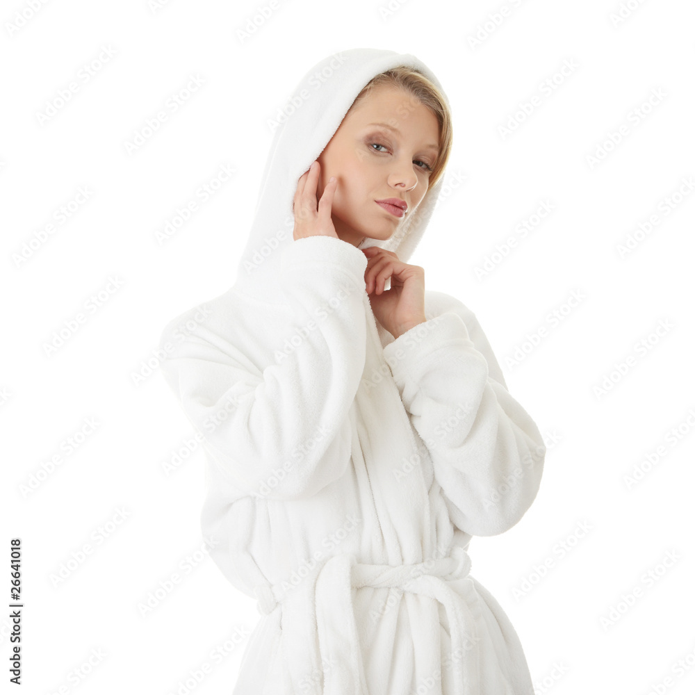 Young beautiful blond teen woman in bathrobe Young beautiful blond teen woman in bathrobe