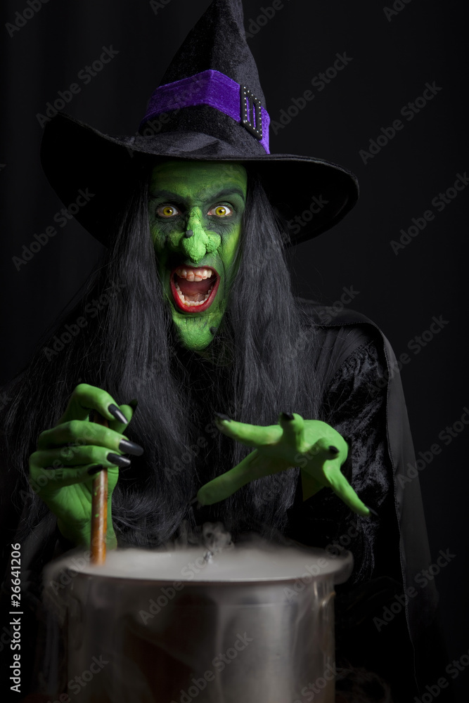 Scary witch stirring a smoking cauldron. Stock Photo | Adobe Stock