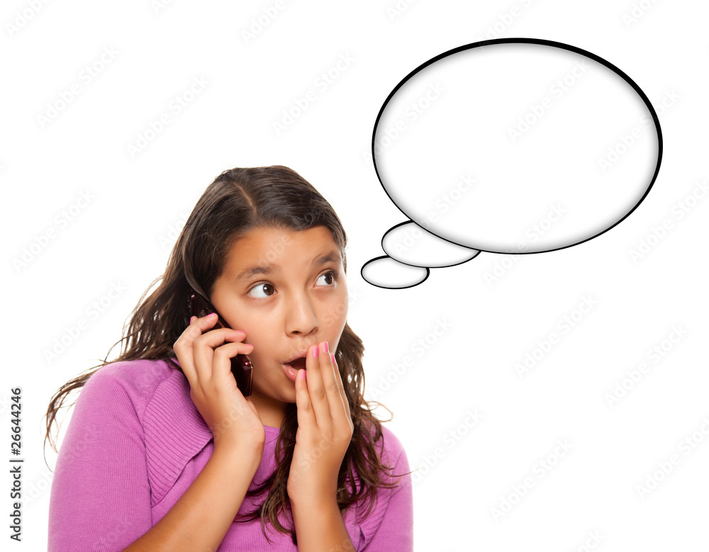Shocked Hispanic Teen Aged Girl on Phone with Blank Thought Bubb Shocked Hispanic Teen Aged Girl on Phone with Blank Thought Bubb