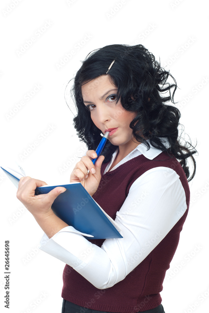 Thinking woman with agenda and pencil Thinking woman with agenda and pencil