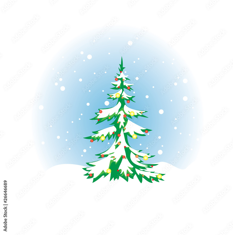 Christmas tree with snow and decoration - vector