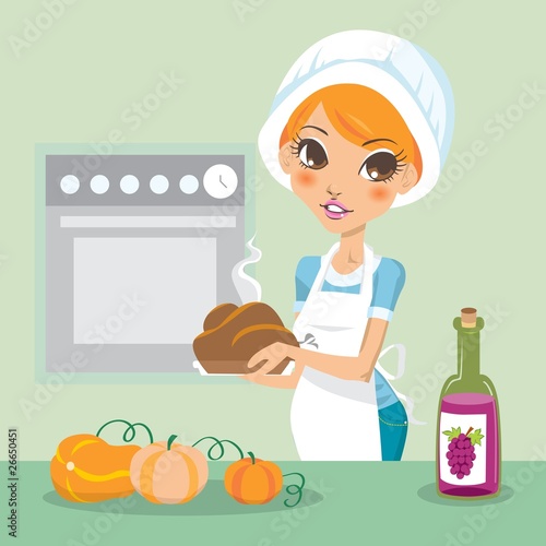 Young woman cooking turkey on thanksgiving