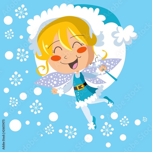 Happy winter fairy spreading joy snowflakes