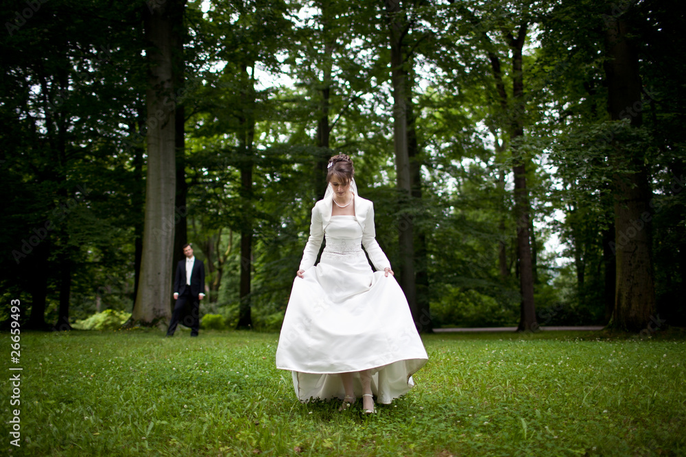 lovely young wedding couple - freshly wed groom and bride posing lovely young wedding couple - freshly wed groom and bride posing