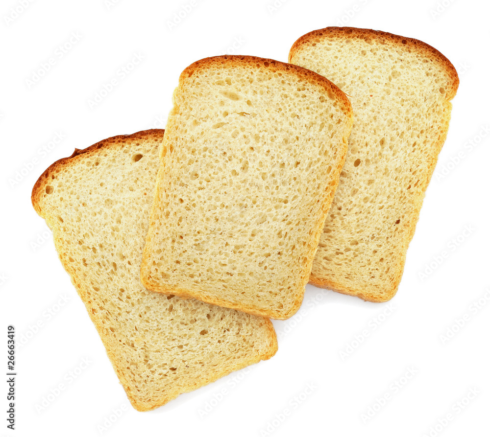 Slices of bread on white background