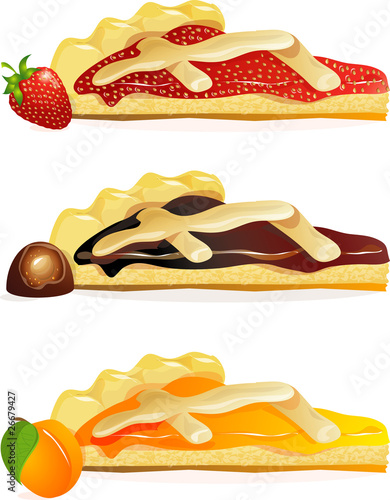 jam tarts with apricots and strawberry jam. jam tart with chocolate cream.