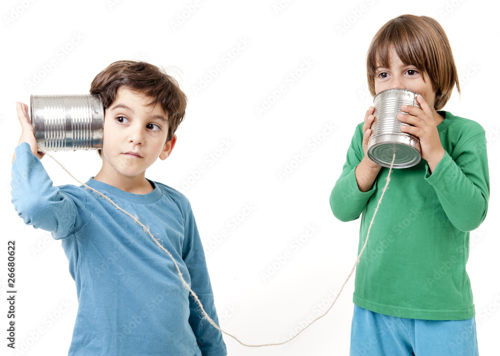 Two boys talking on a tin can phone Two boys talking on a tin can phone