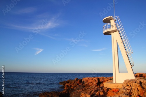 Baywatch white lookout tower in Mediterranean
