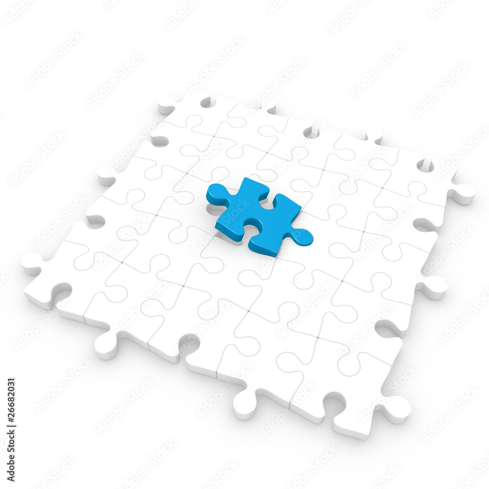 White puzzle floor with a blue piece half inserted White puzzle floor with a blue piece half inserted