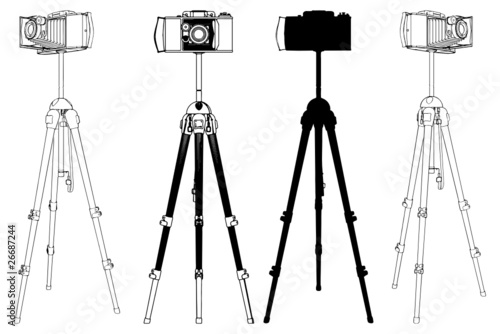 Old Photographic Camera On Tripod Vector 04