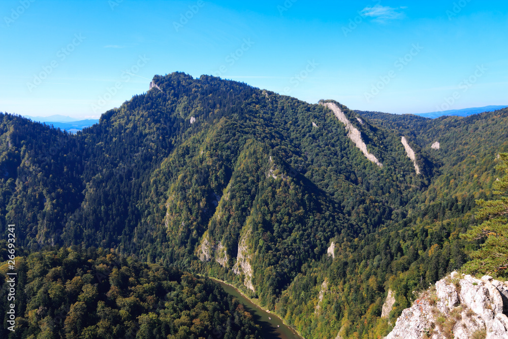 View of forest covered mountains and river below