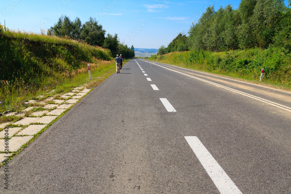 Tourists walking asphalt road